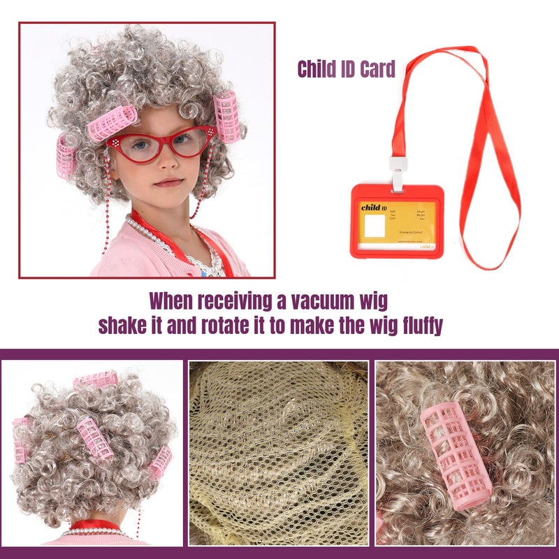 FAYBOX 9 pcs Old Lady Costume for Kids 100 Days of School Costume Old Lady Wig for Girls Halloween Granny Grandma Dress Up - Image 5